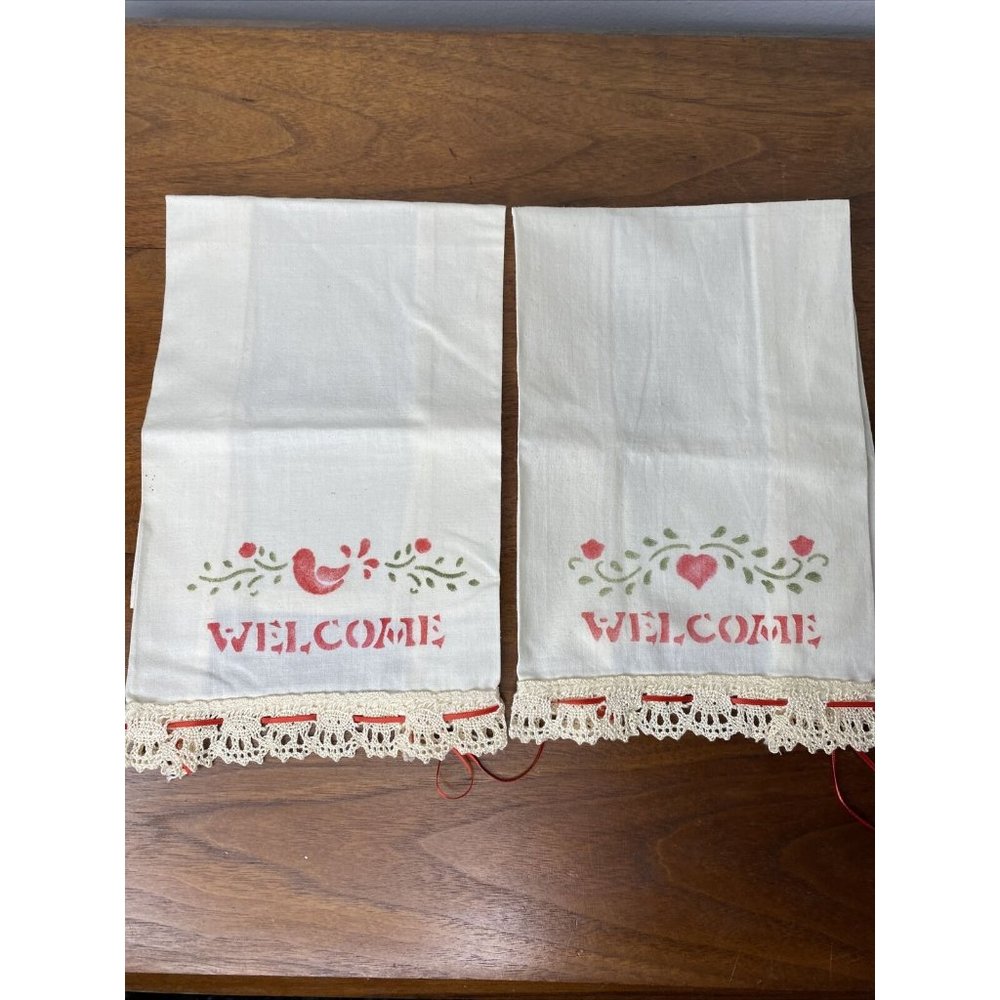Vintage Ivory Cloth Napkins Cotton Welcome Stecil Lace TrimTea Towel Set 2